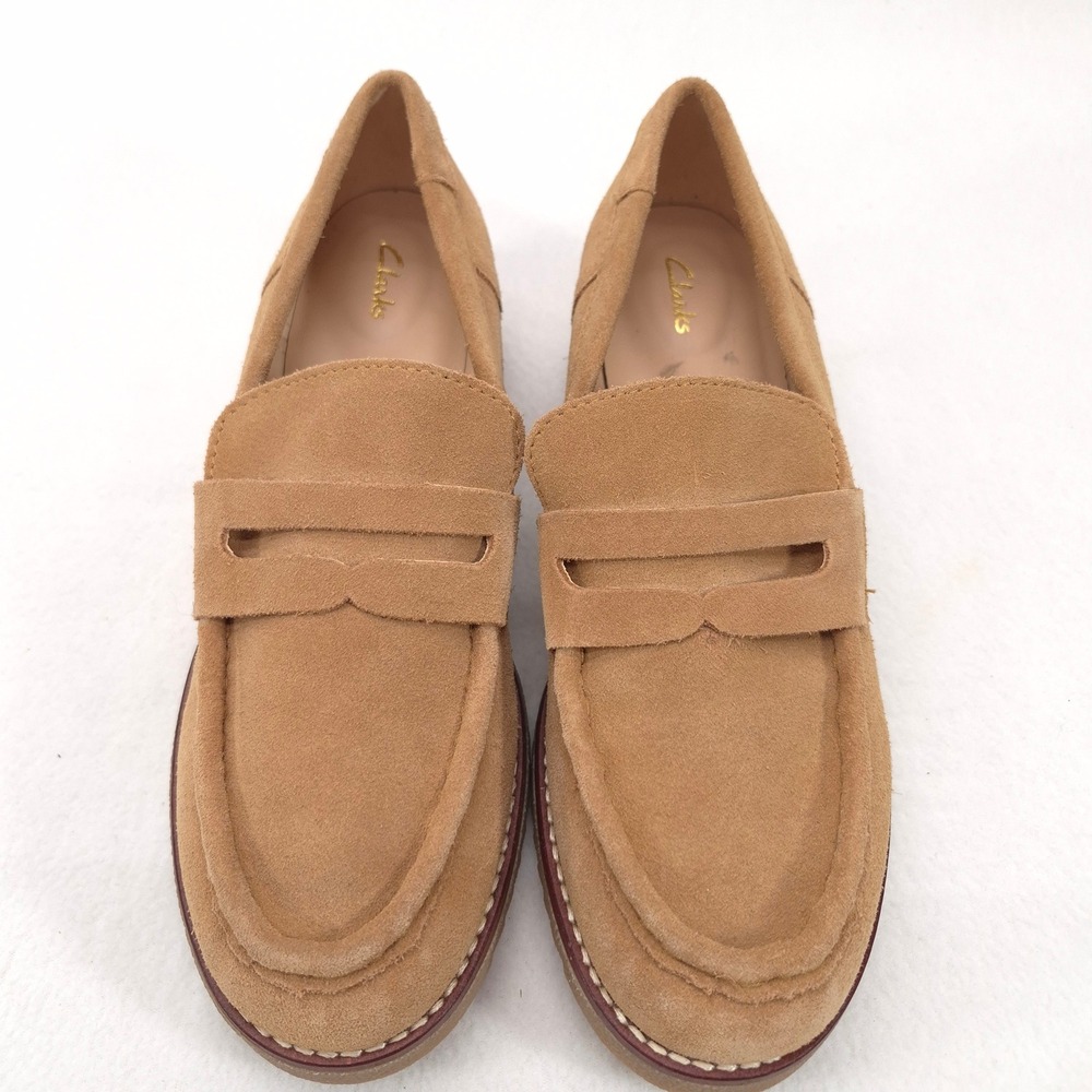 Clarks Orianna W Suede Penny Loafers Tan 8.5 Preppy Academic Chunky Platform Lug - Picture 3 of 11